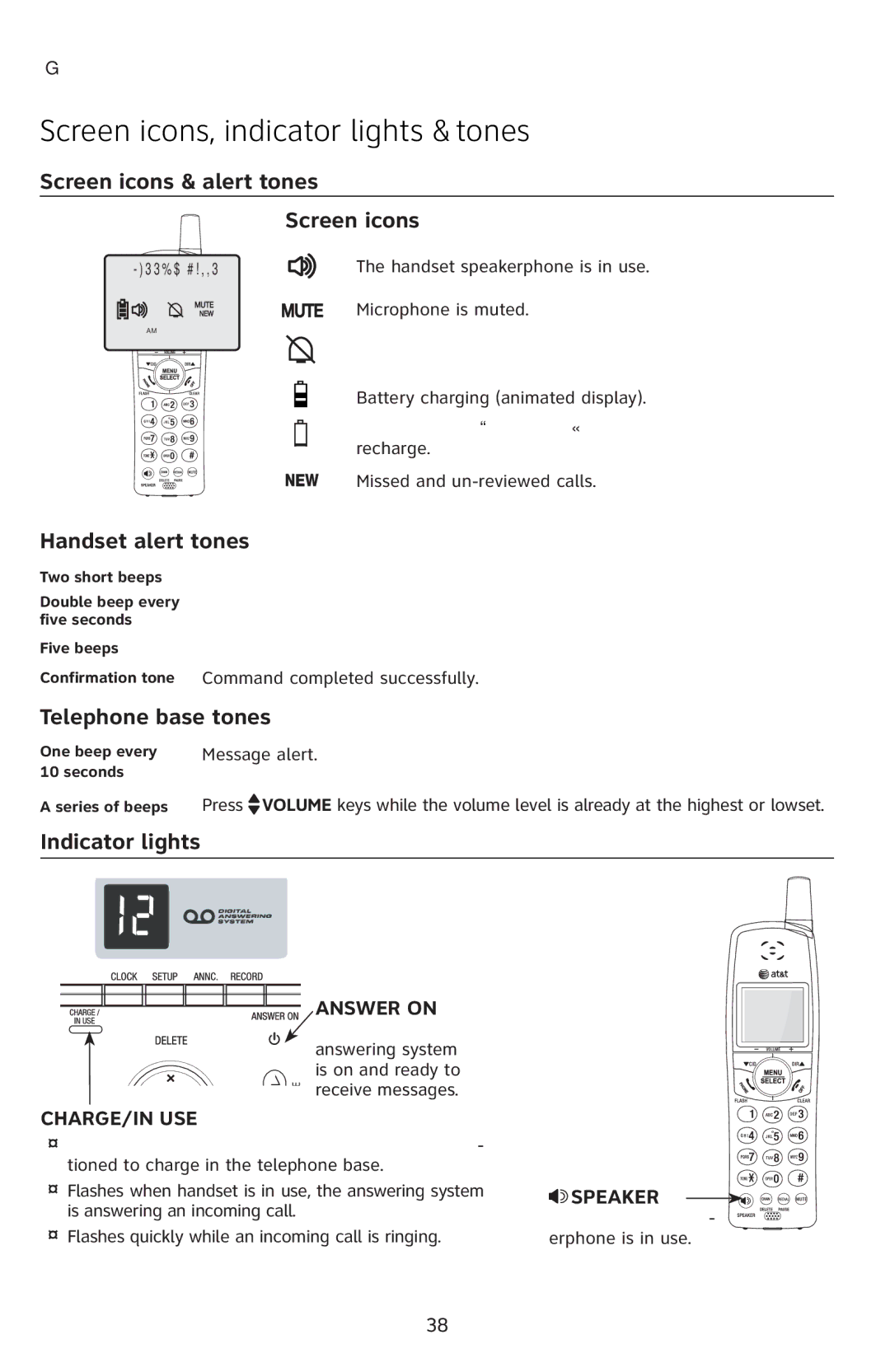 AT&T E5811 user manual Screen icons, indicator lights & tones 