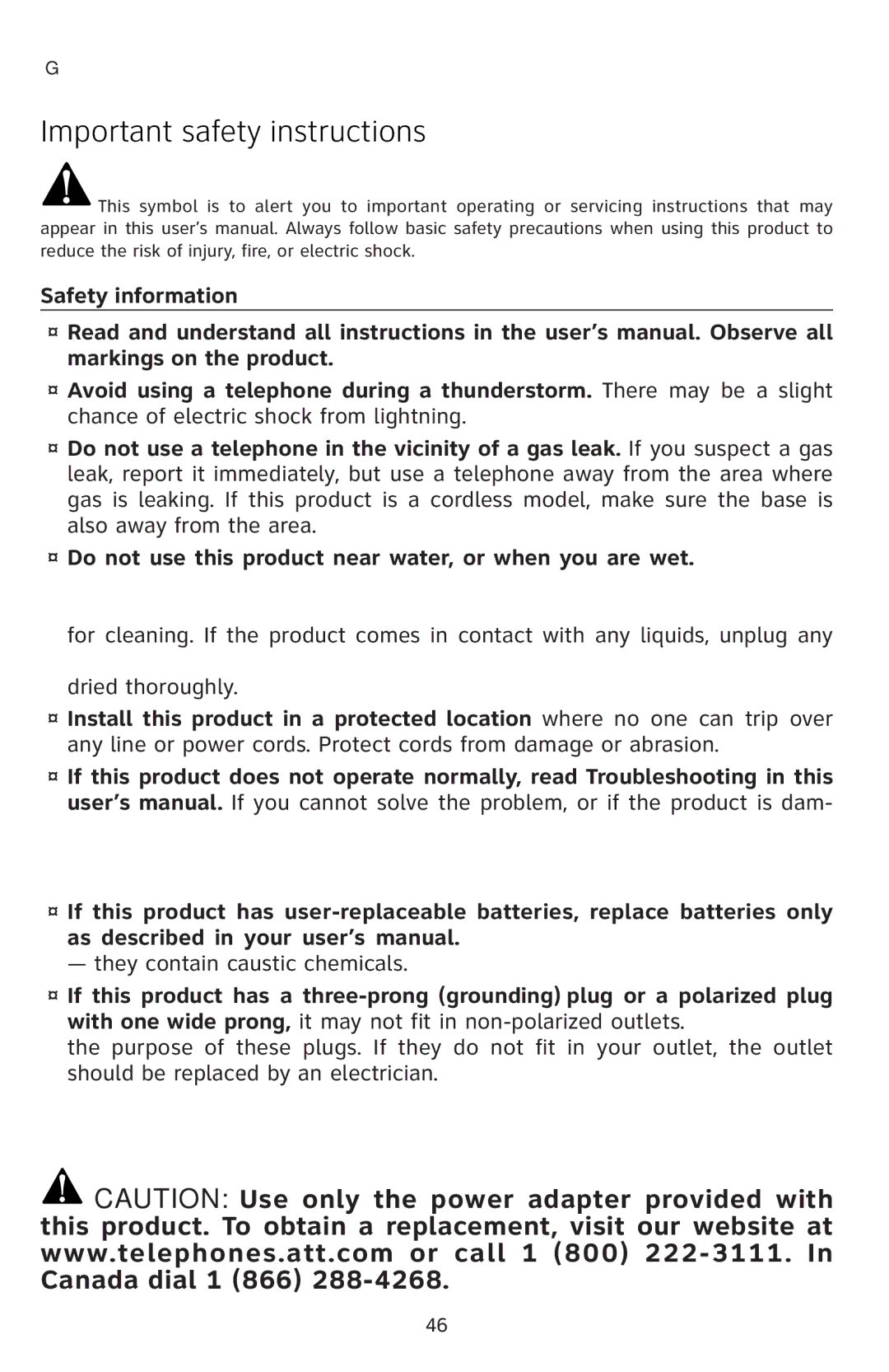 AT&T E5811 user manual Important safety instructions 