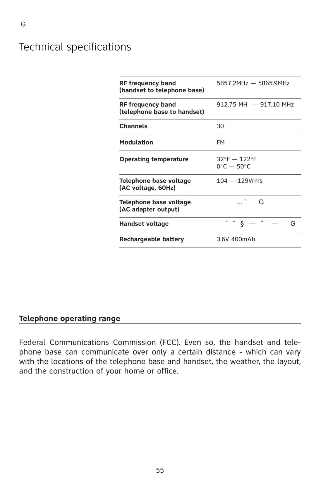 AT&T E5811 user manual Technical specifications, Telephone operating range 