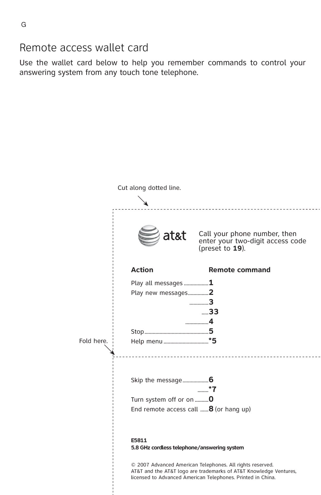 AT&T E5811 user manual Remote access wallet card, Action Remote command 