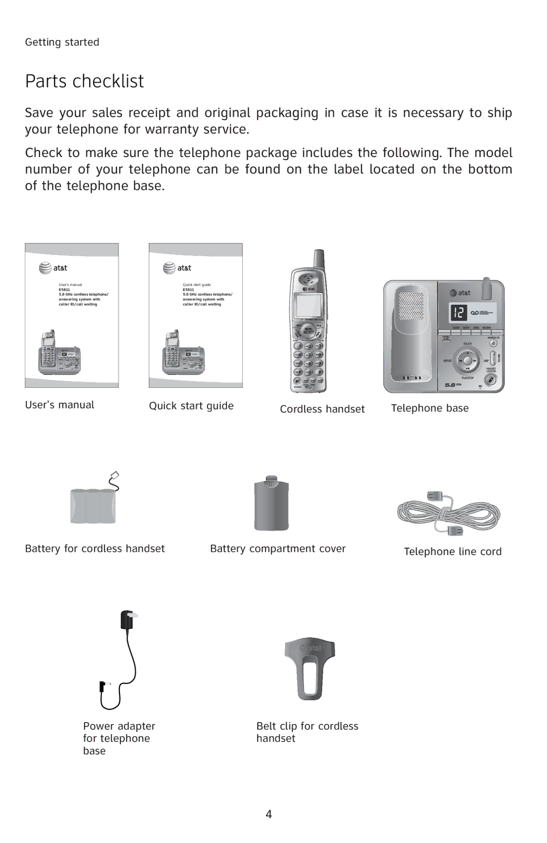 AT&T E5811 user manual Parts checklist 