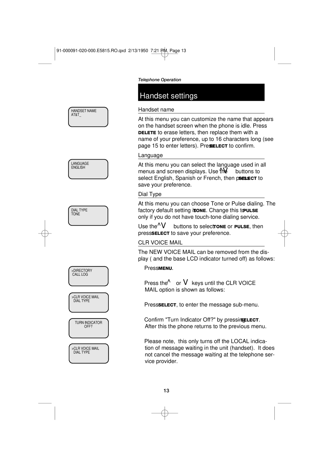 AT&T E5815 user manual Handset name, Language, Dial Type 