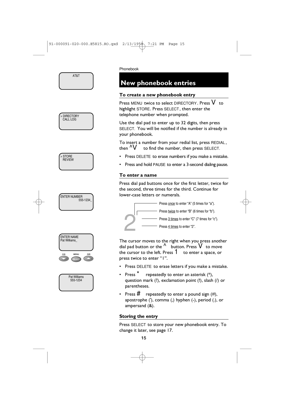 AT&T E5815 user manual New phonebook entries, To create a new phonebook entry, To enter a name, Storing the entry 