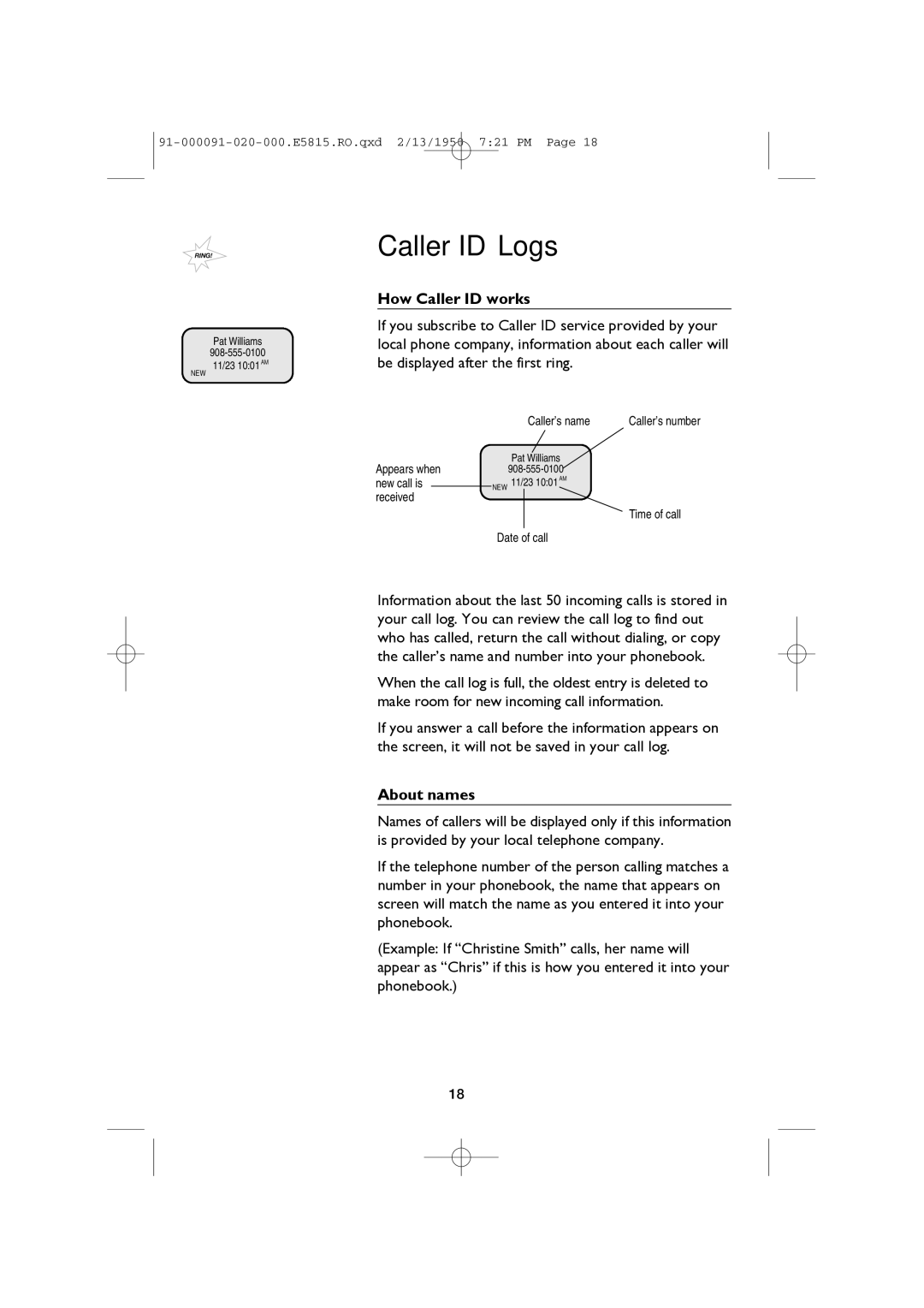 AT&T E5815 user manual How Caller ID works, About names 