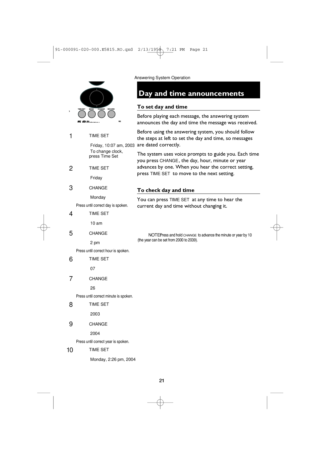 AT&T E5815 user manual Day and time announcements, To set day and time, To check day and time 