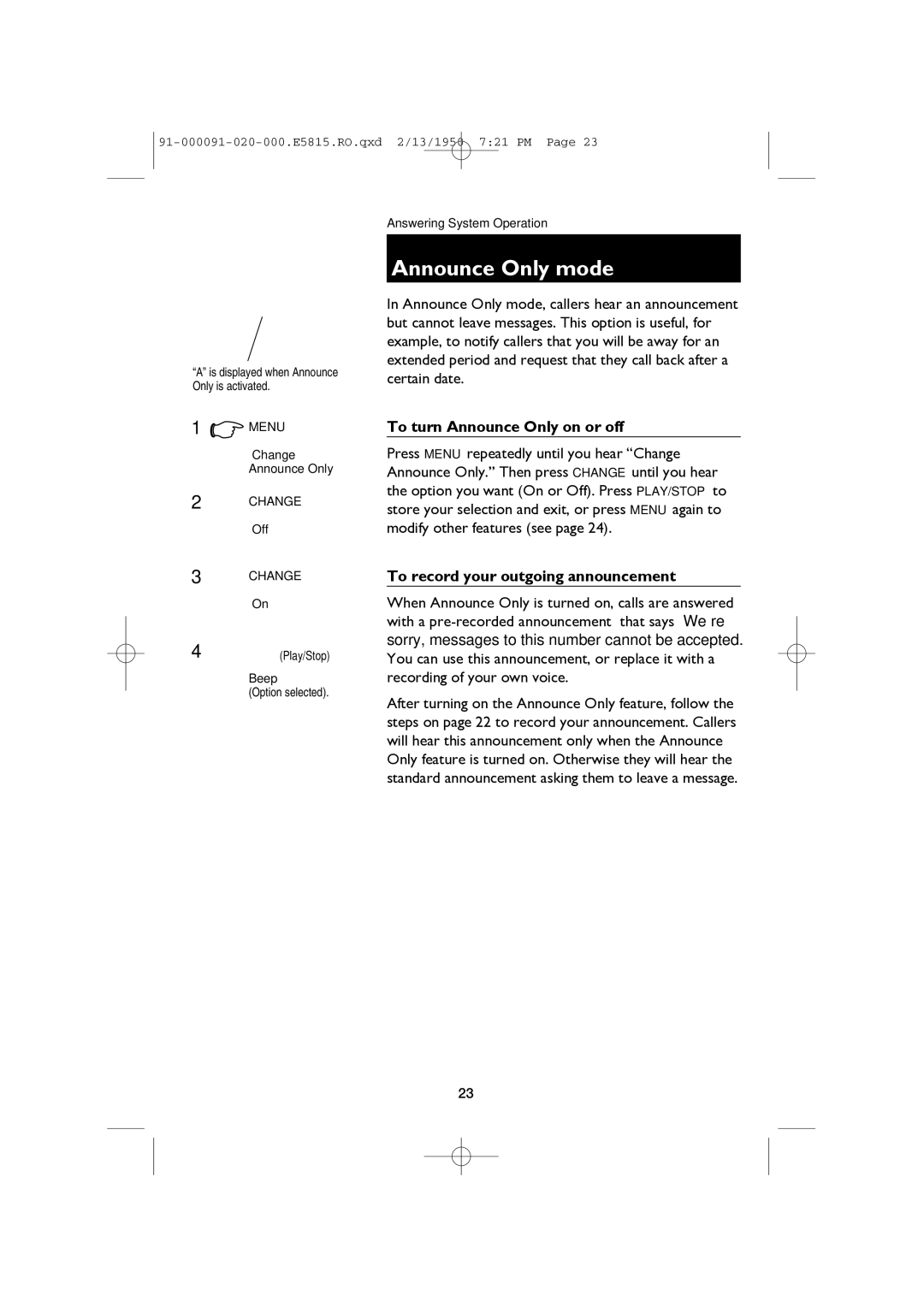 AT&T E5815 user manual Announce Only mode, To turn Announce Only on or off 