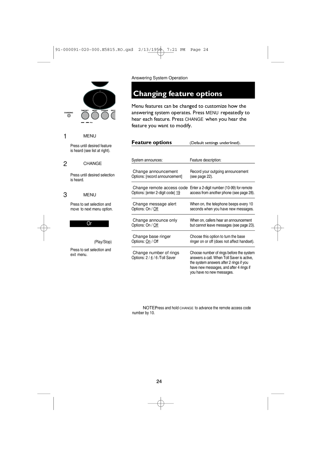 AT&T E5815 user manual Changing feature options, Feature options 