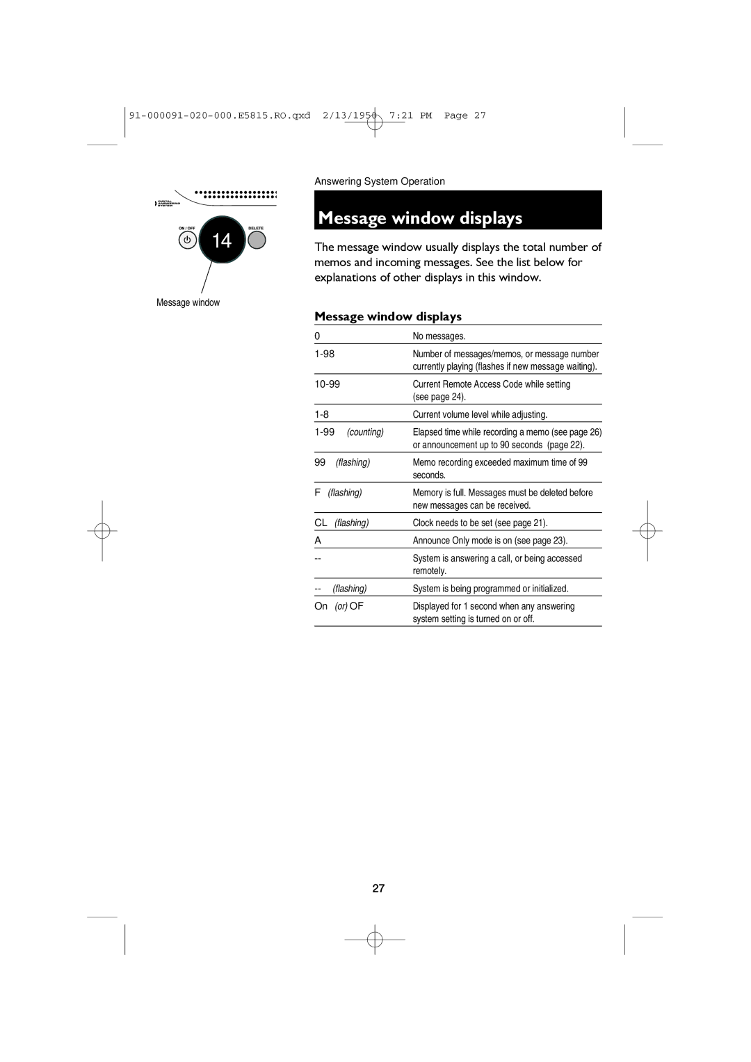 AT&T E5815 user manual Message window displays 