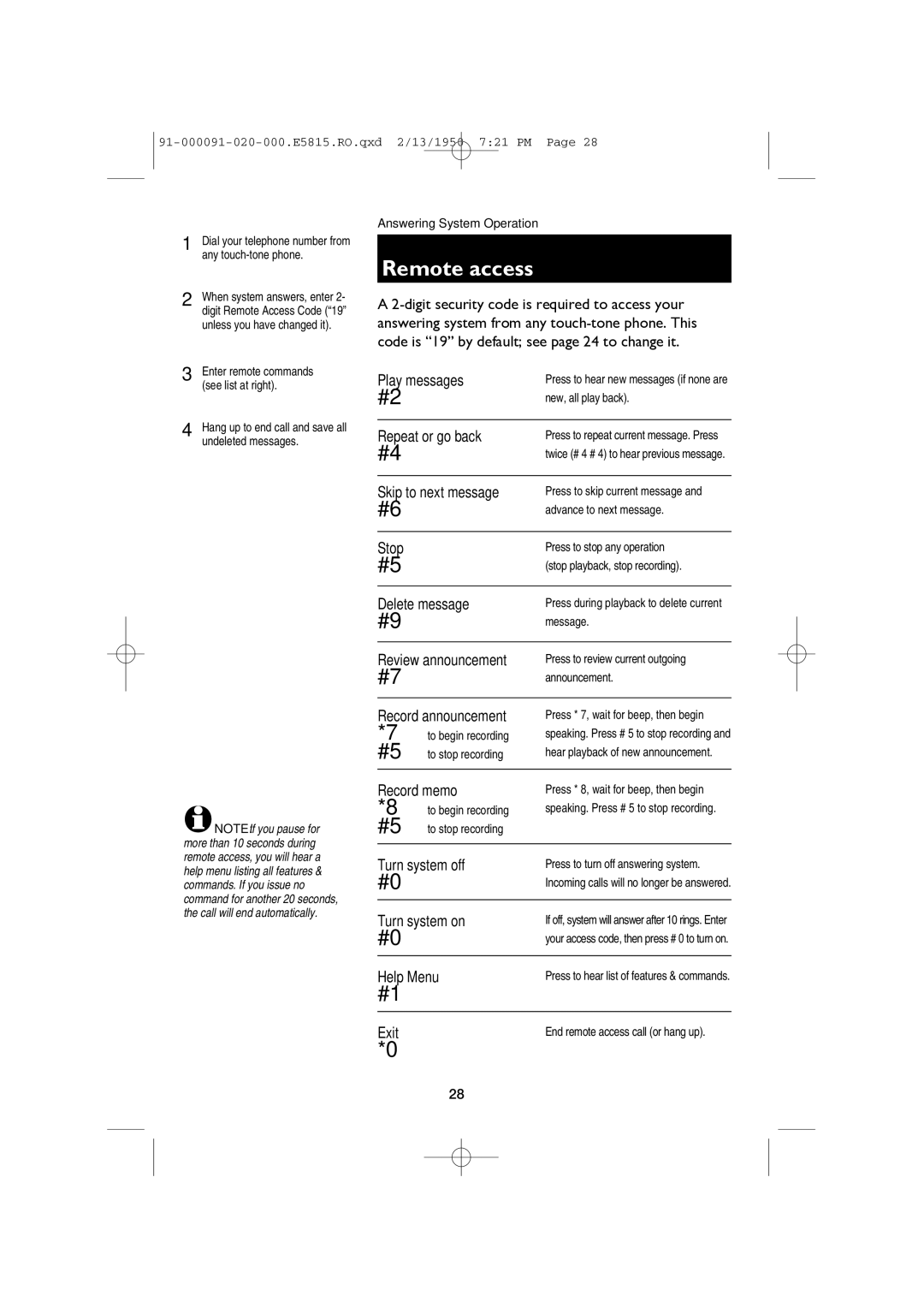 AT&T E5815 user manual Remote access, Dial your telephone number from any touch-tone phone 