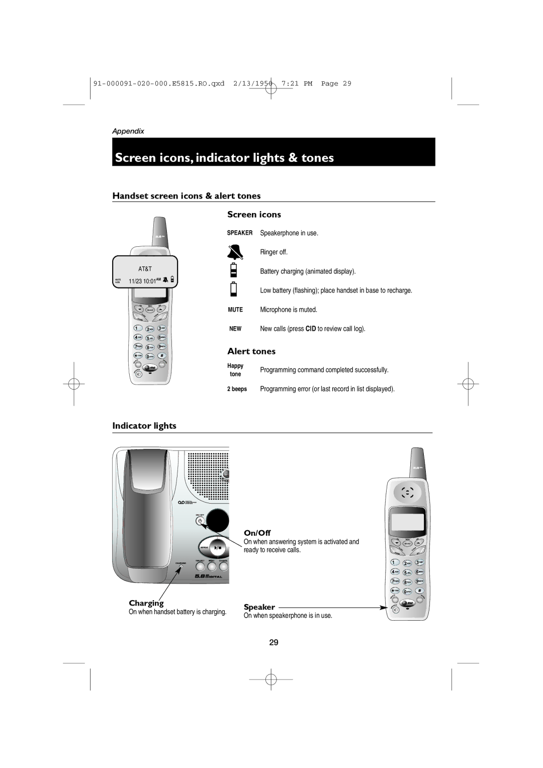 AT&T E5815 user manual Screen icons, indicator lights & tones, Handset screen icons & alert tones Screen icons, Alert tones 