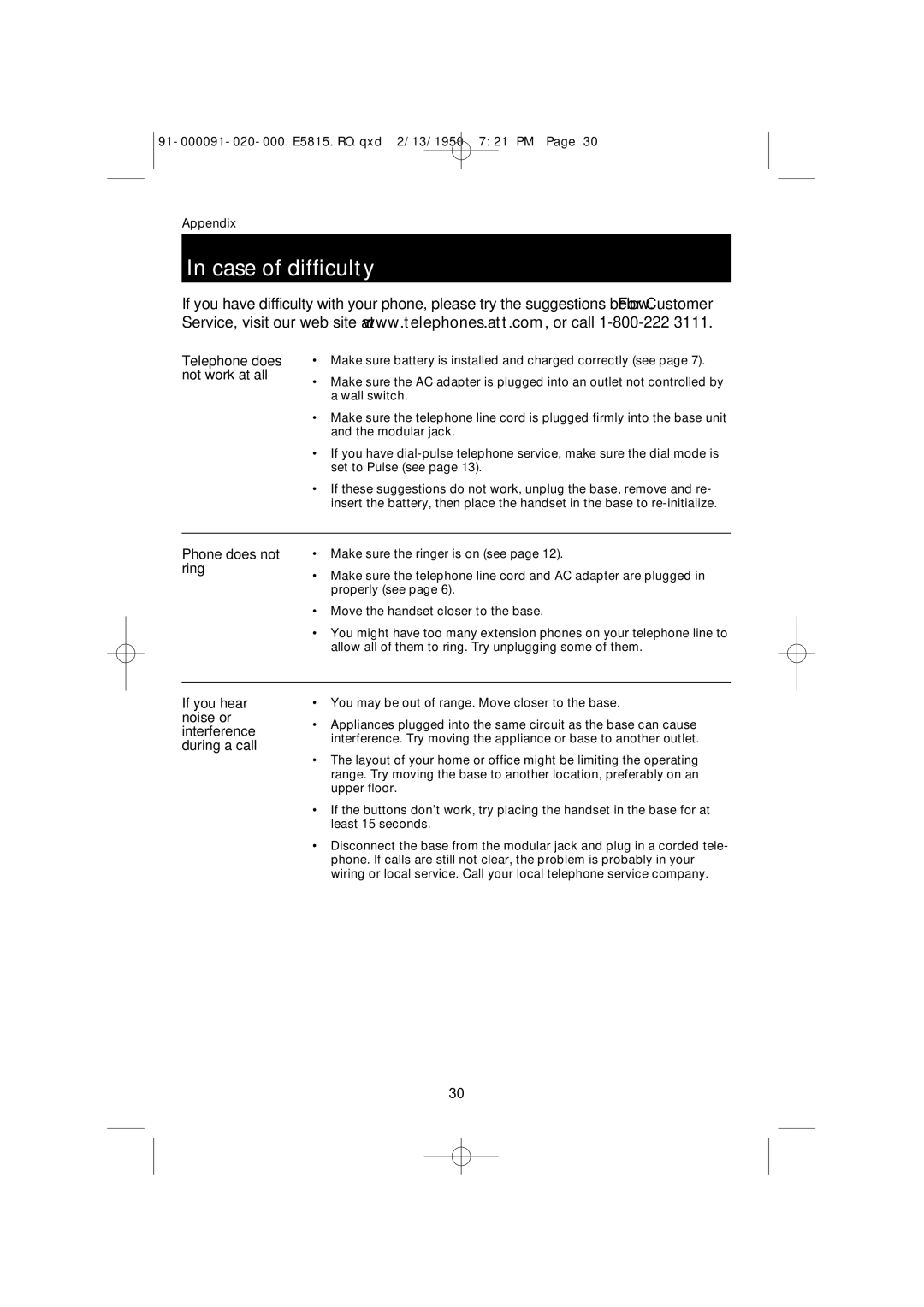 AT&T E5815 user manual Case of difficulty, Telephone does not work at all 