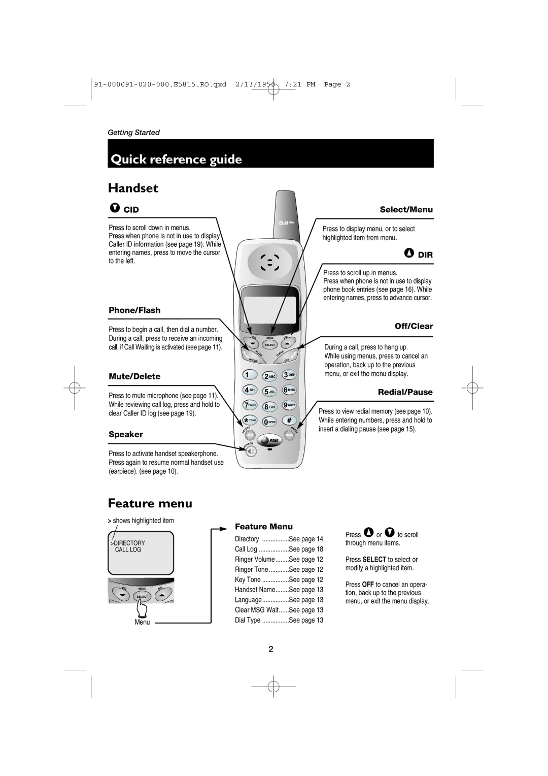 AT&T E5815 user manual Quick reference guide, Handset 