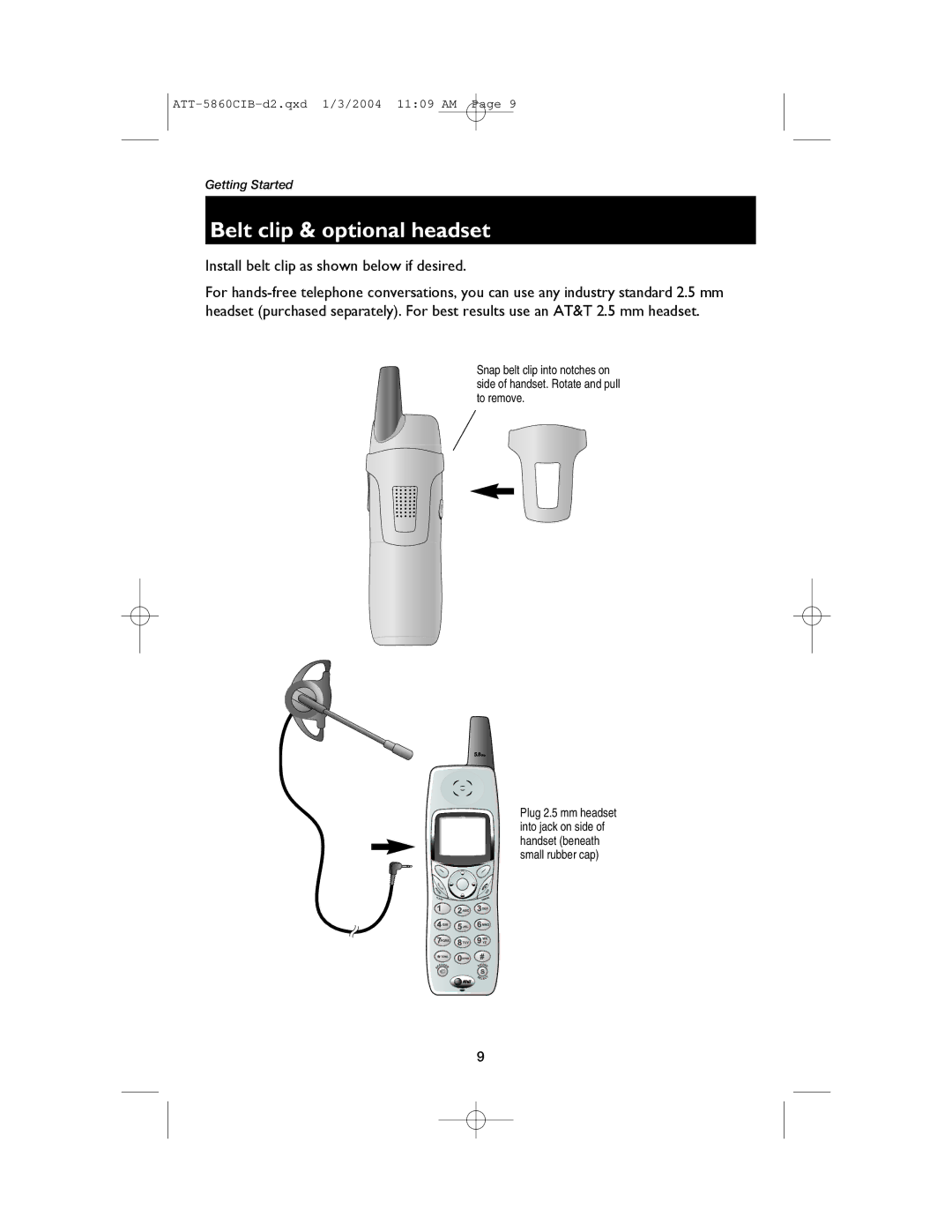 AT&T E5860 user manual Belt clip & optional headset, Install belt clip as shown below if desired 