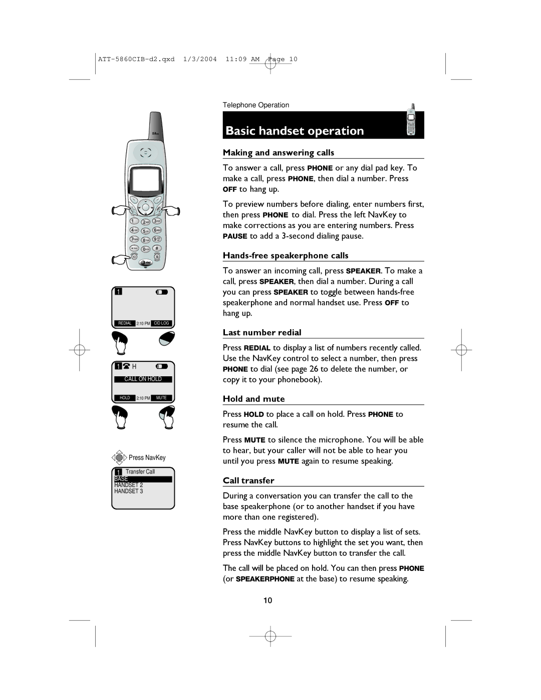 AT&T E5860 user manual Basic handset operation 