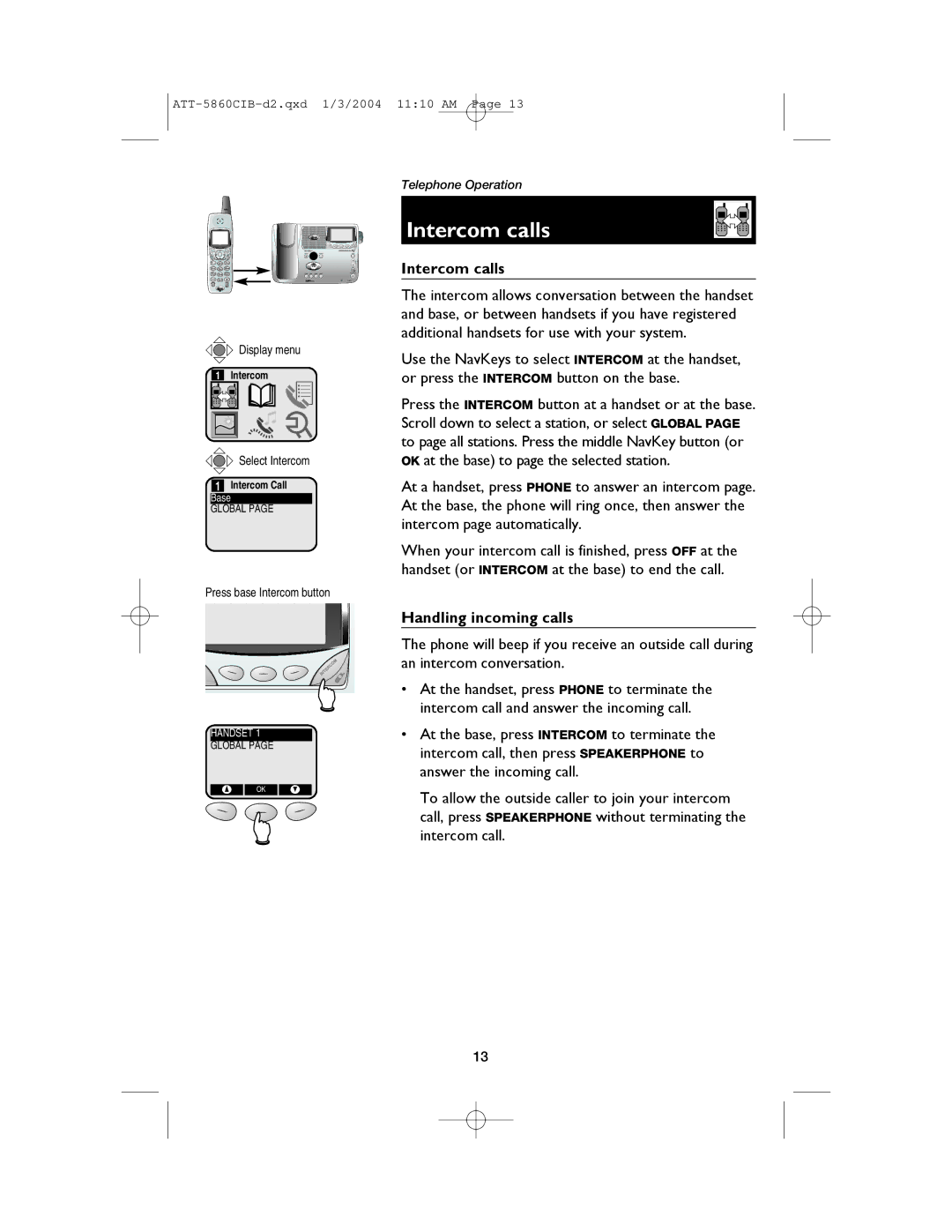 AT&T E5860 user manual Intercom calls, Handling incoming calls 