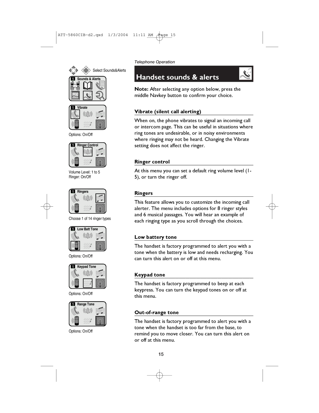 AT&T E5860 user manual Handset sounds & alerts 