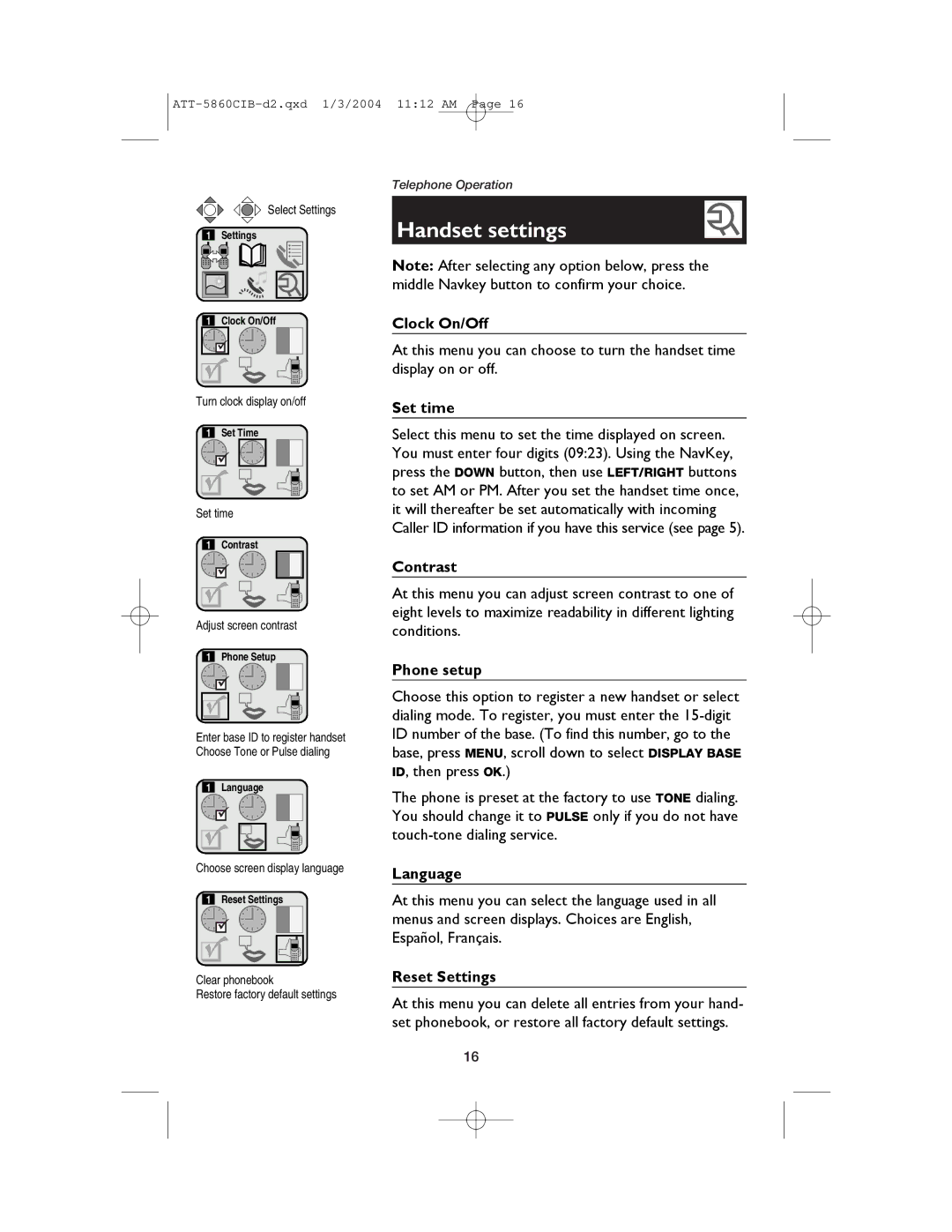 AT&T E5860 user manual Handset settings 