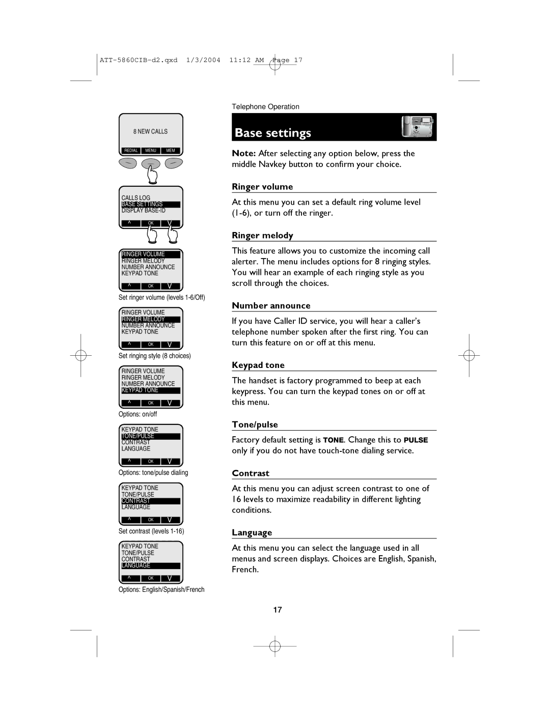 AT&T E5860 user manual Base settings, Ringer volume, Ringer melody, Number announce, Tone/pulse 