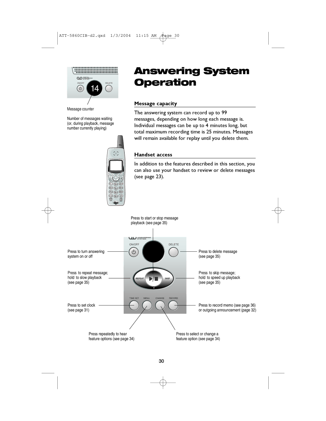 AT&T E5860 user manual Message capacity, Handset access 