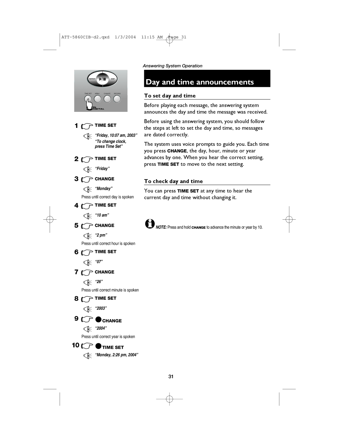 AT&T E5860 user manual Day and time announcements, To set day and time, To check day and time 