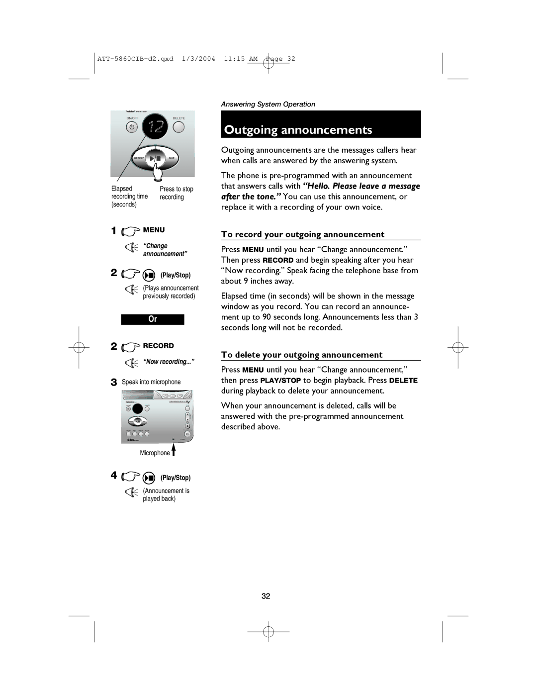 AT&T E5860 user manual Outgoing announcements, To record your outgoing announcement, To delete your outgoing announcement 