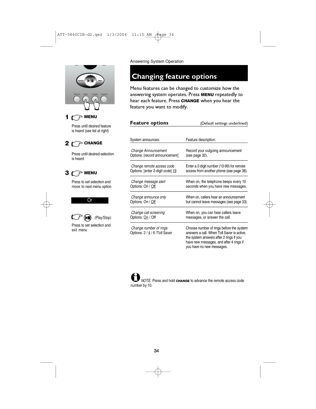 AT&T E5860 user manual Changing feature options, Feature options 