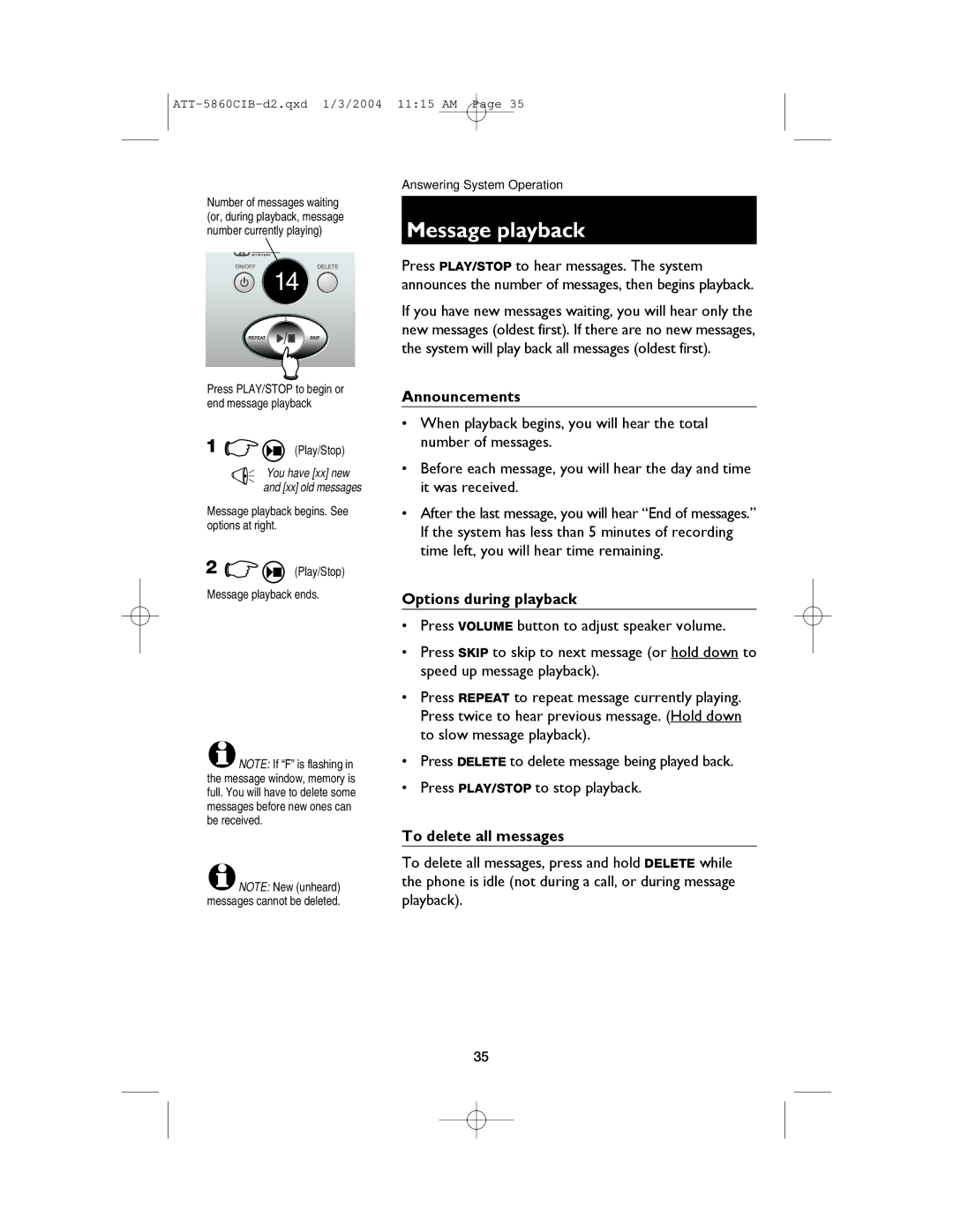 AT&T E5860 user manual Message playback, Options during playback, To delete all messages 