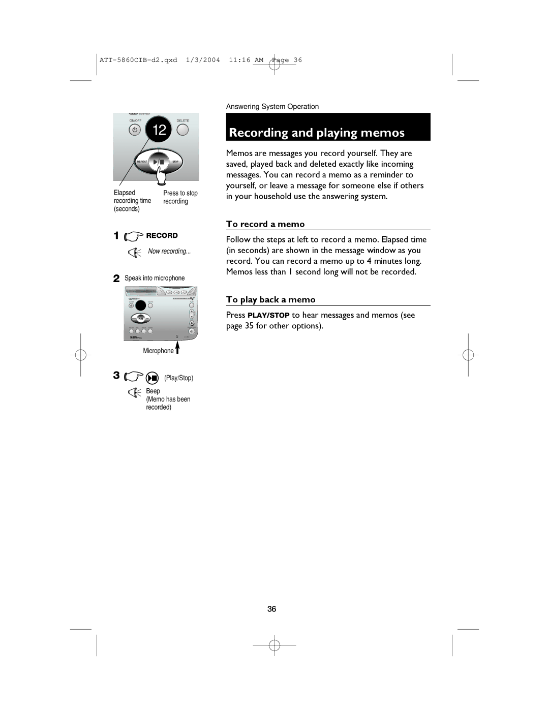 AT&T E5860 user manual Recording and playing memos, To record a memo, To play back a memo 