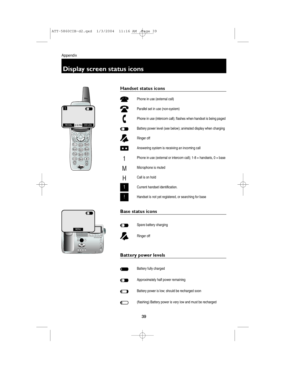 AT&T E5860 user manual Display screen status icons, Handset status icons, Base status icons, Battery power levels 