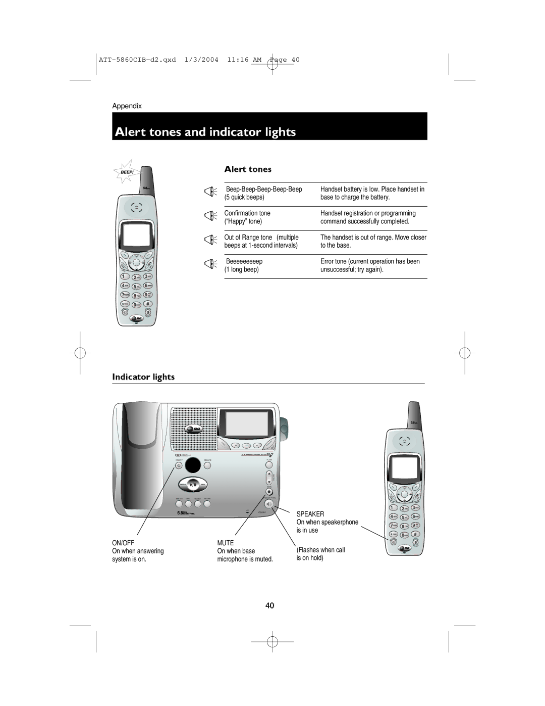 AT&T E5860 user manual Alert tones and indicator lights, Indicator lights 