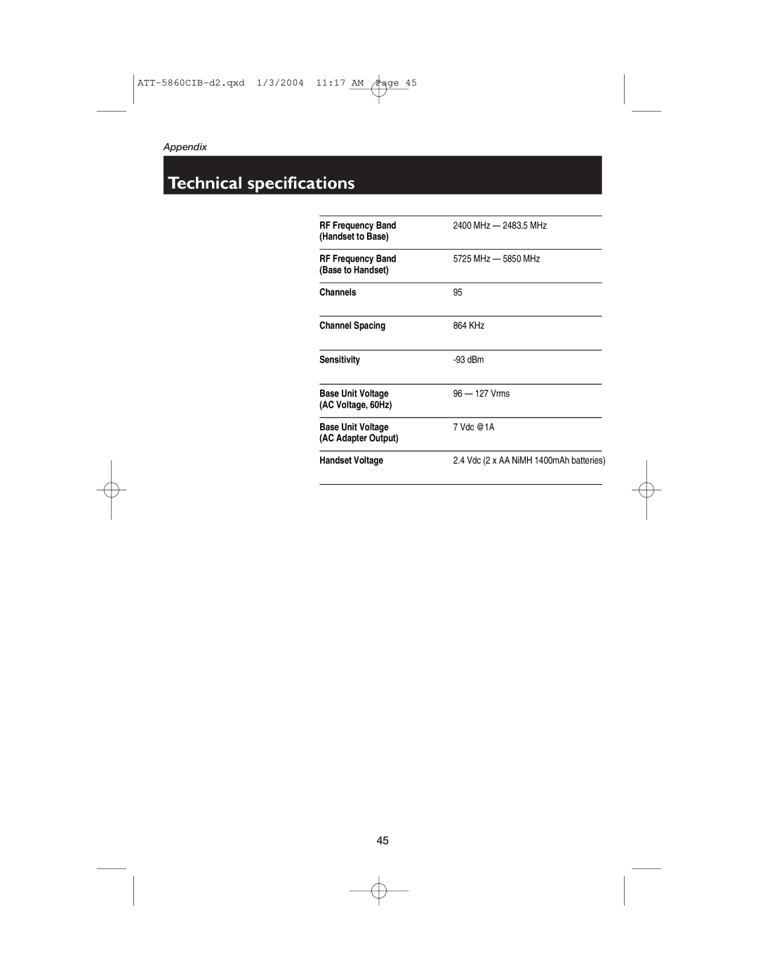 AT&T E5860 user manual Technical specifications 