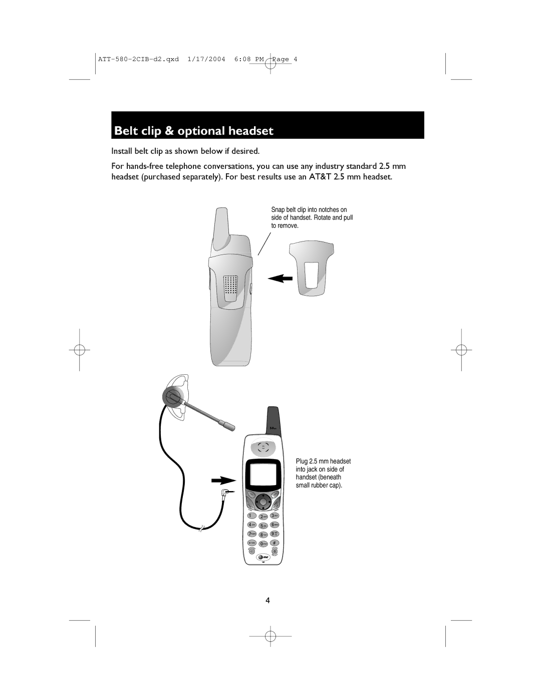 AT&T E5860 user manual Belt clip & optional headset 