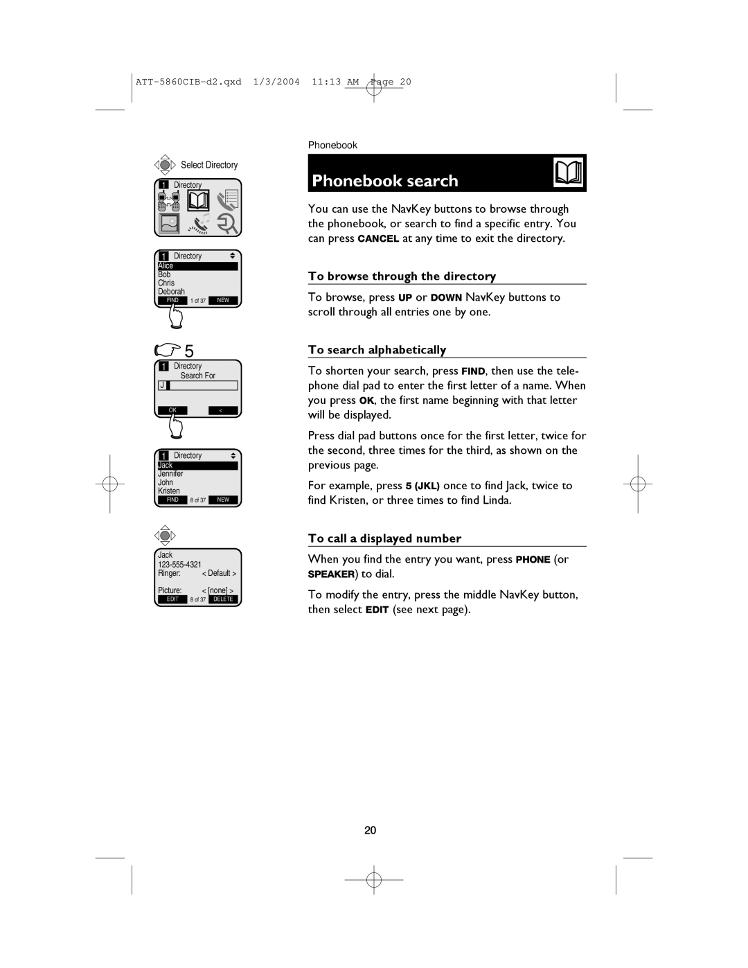 AT&T E5860 Phonebook search, To browse through the directory, To search alphabetically, To call a displayed number 