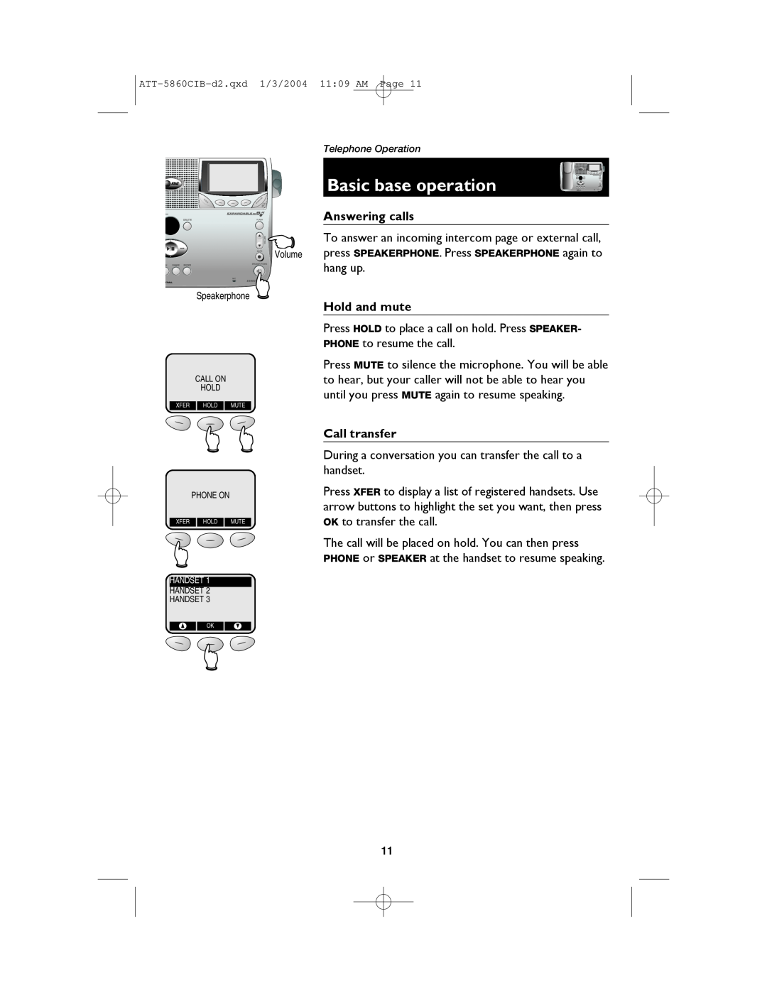 AT&T E5860 user manual Basic base operation, Answering calls, Hold and mute, Call transfer 