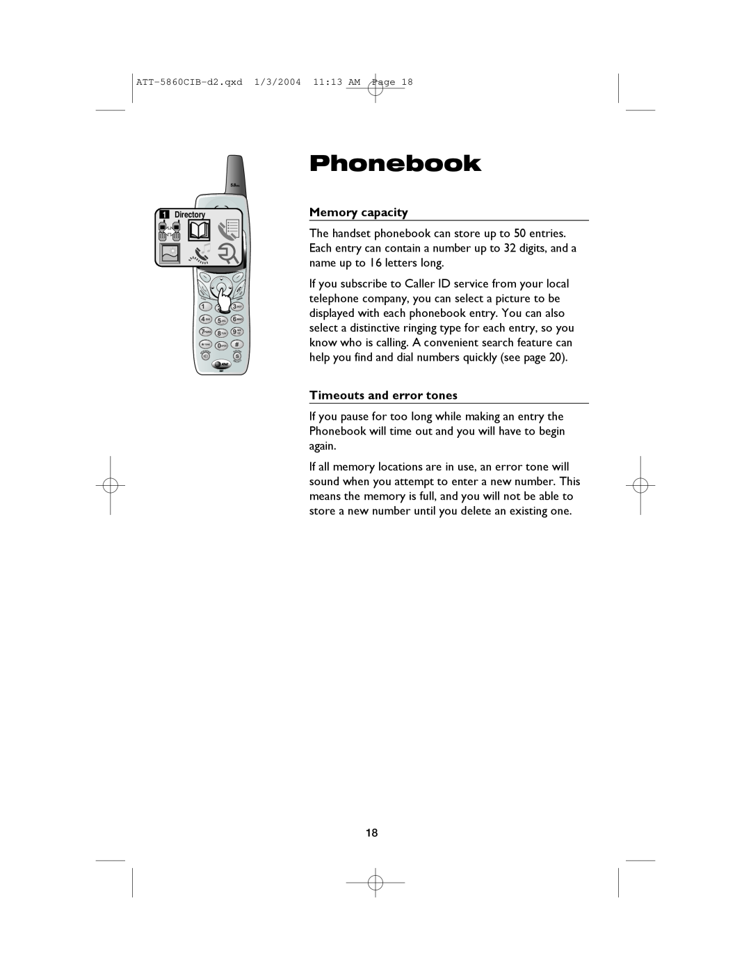 AT&T E5860 user manual Phonebook, Memory capacity, Timeouts and error tones 