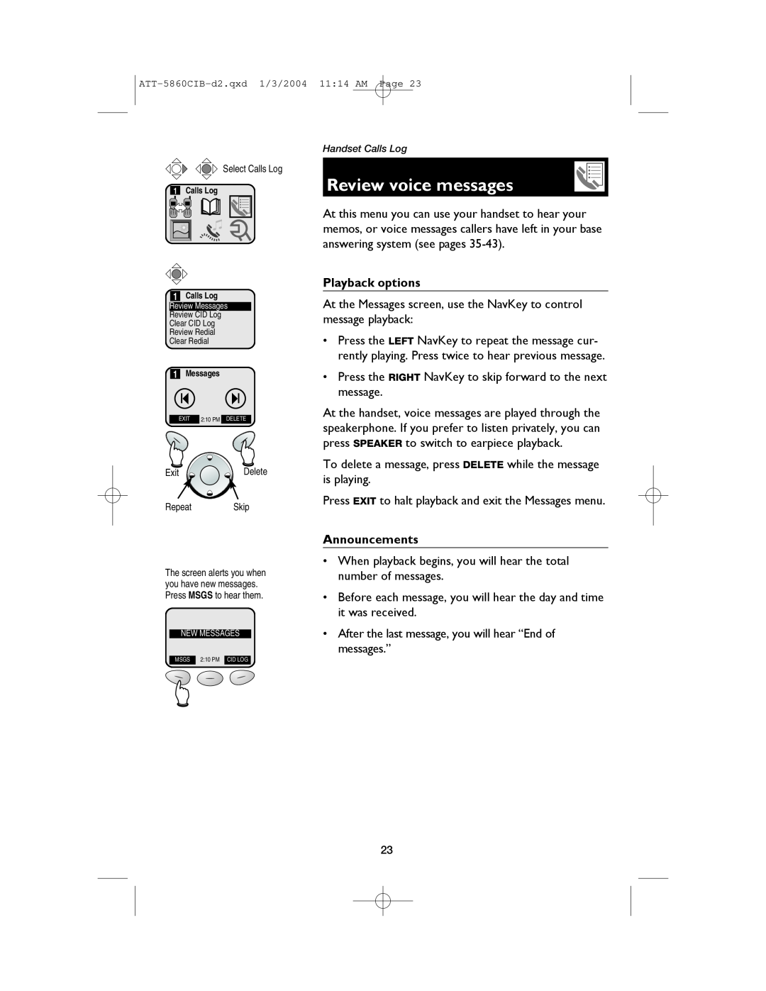 AT&T E5860 user manual Review voice messages, Playback options, Announcements 
