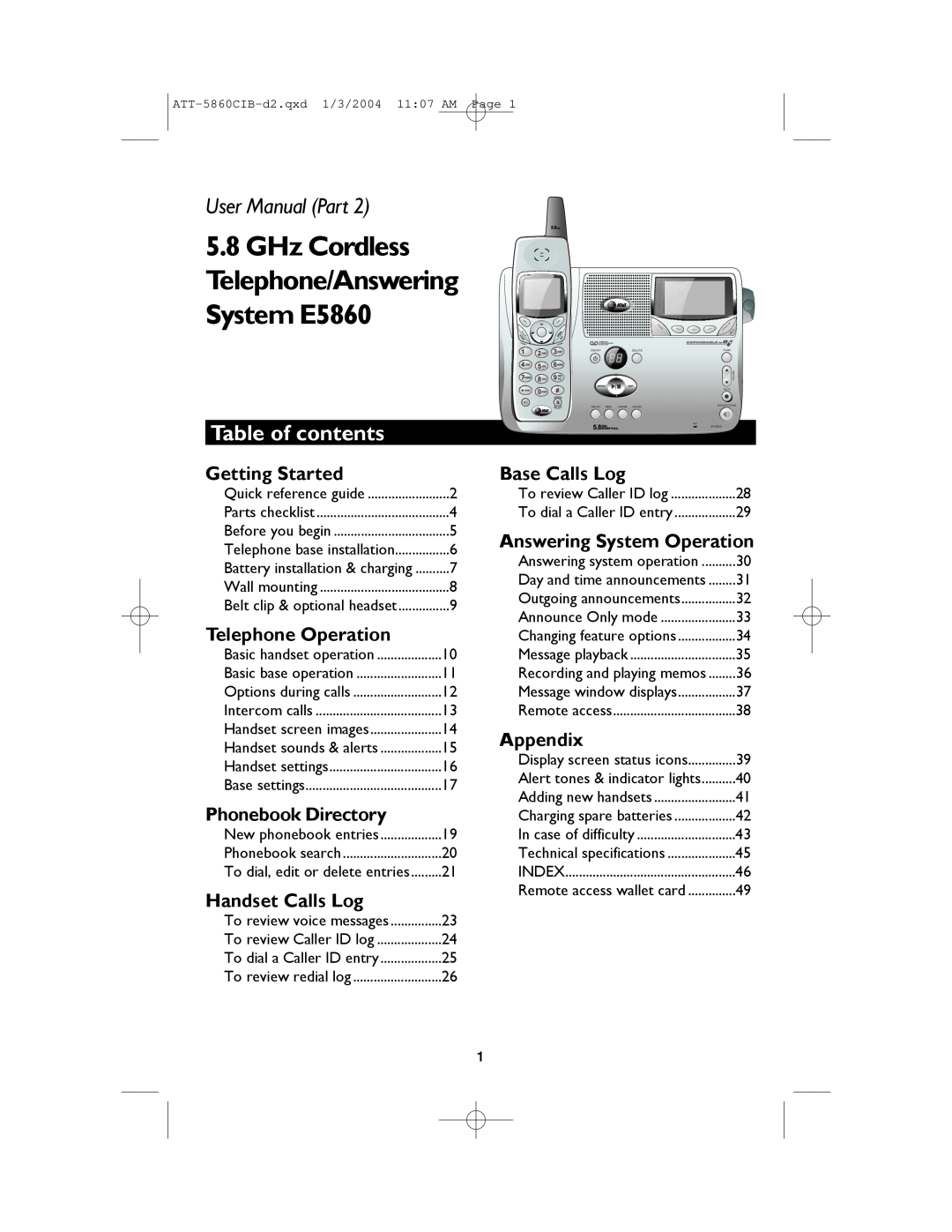 AT&T E5860 Table of contents, Getting Started, Telephone Operation, Phonebook Directory, Handset Calls Log, Base Calls Log 