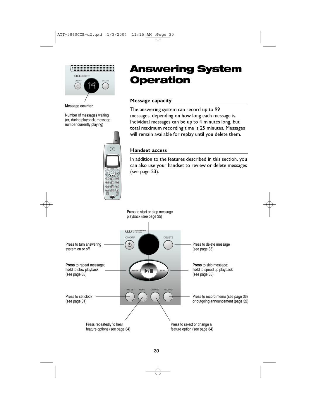 AT&T E5860 user manual Answering System Operation, Message capacity, Handset access 