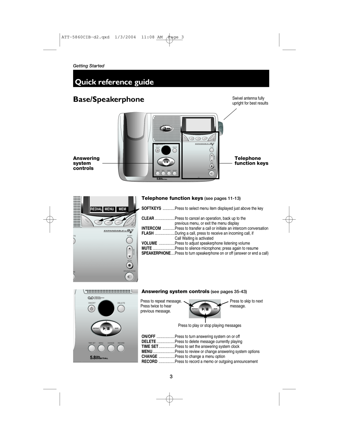 AT&T E5860 user manual Base/Speakerphone, Quick reference guide, ATT-5860CIB-d2.qxd 1/3/2004 1108 AM Page, Getting Started 
