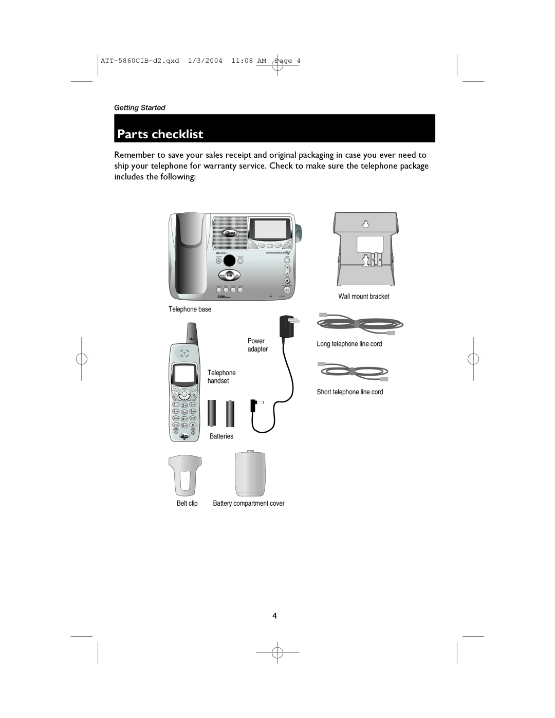 AT&T E5860 Parts checklist, ATT-5860CIB-d2.qxd 1/3/2004 1108 AM Page, Getting Started, Wall mount bracket Telephone base 
