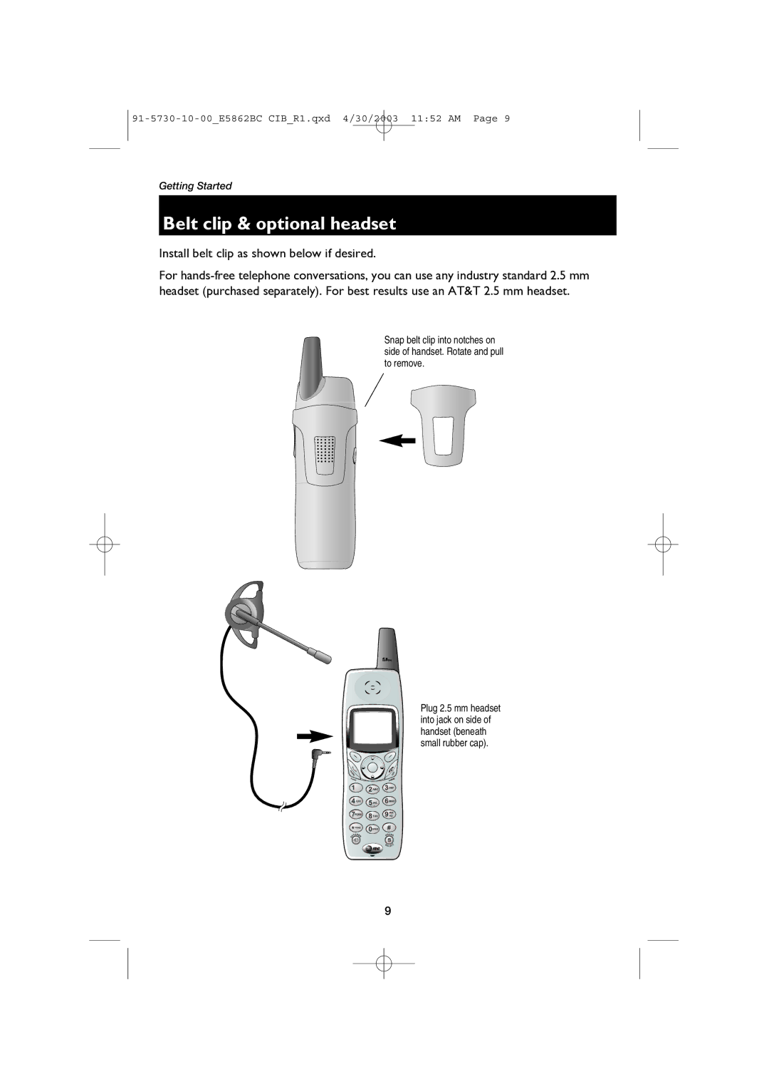 AT&T E5862BC user manual Belt clip & optional headset, Install belt clip as shown below if desired 