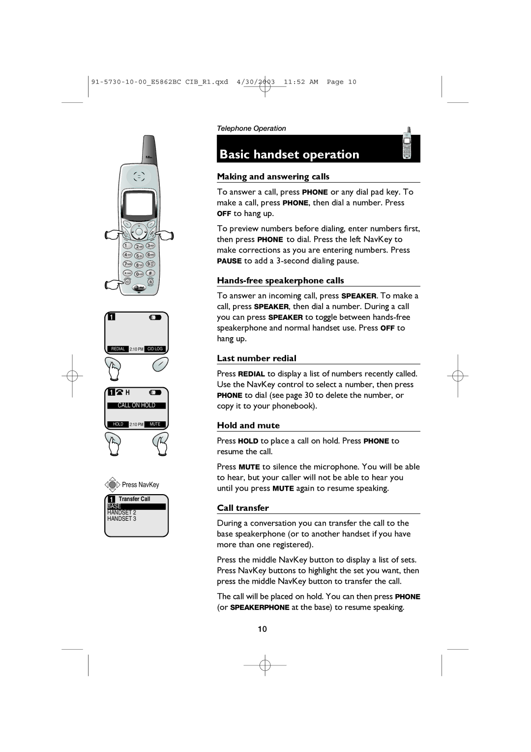 AT&T E5862BC user manual Basic handset operation 