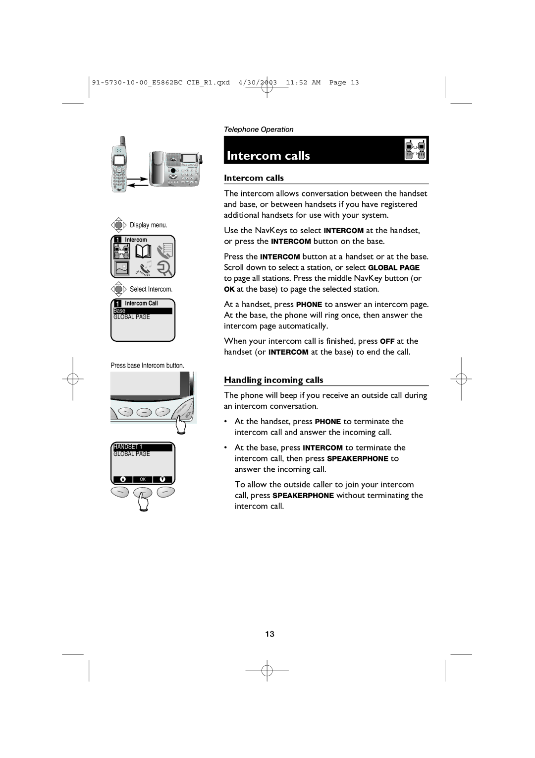 AT&T E5862BC user manual Intercom calls, Handling incoming calls 