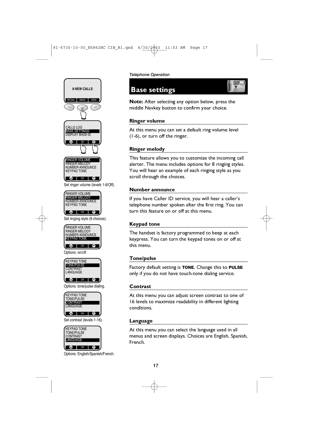 AT&T E5862BC user manual Base settings, Ringer volume, Ringer melody, Number announce, Tone/pulse 