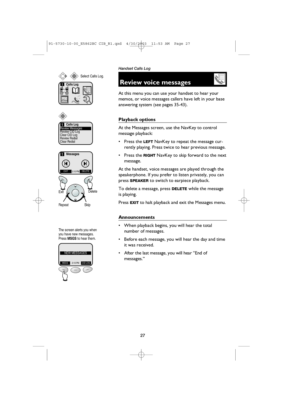 AT&T E5862BC user manual Review voice messages, Playback options, Announcements, Exit, Repeat Skip 