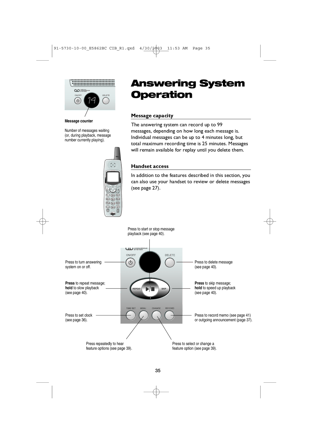 AT&T E5862BC user manual Message capacity, Handset access, Press repeatedly to hear, Feature options see 