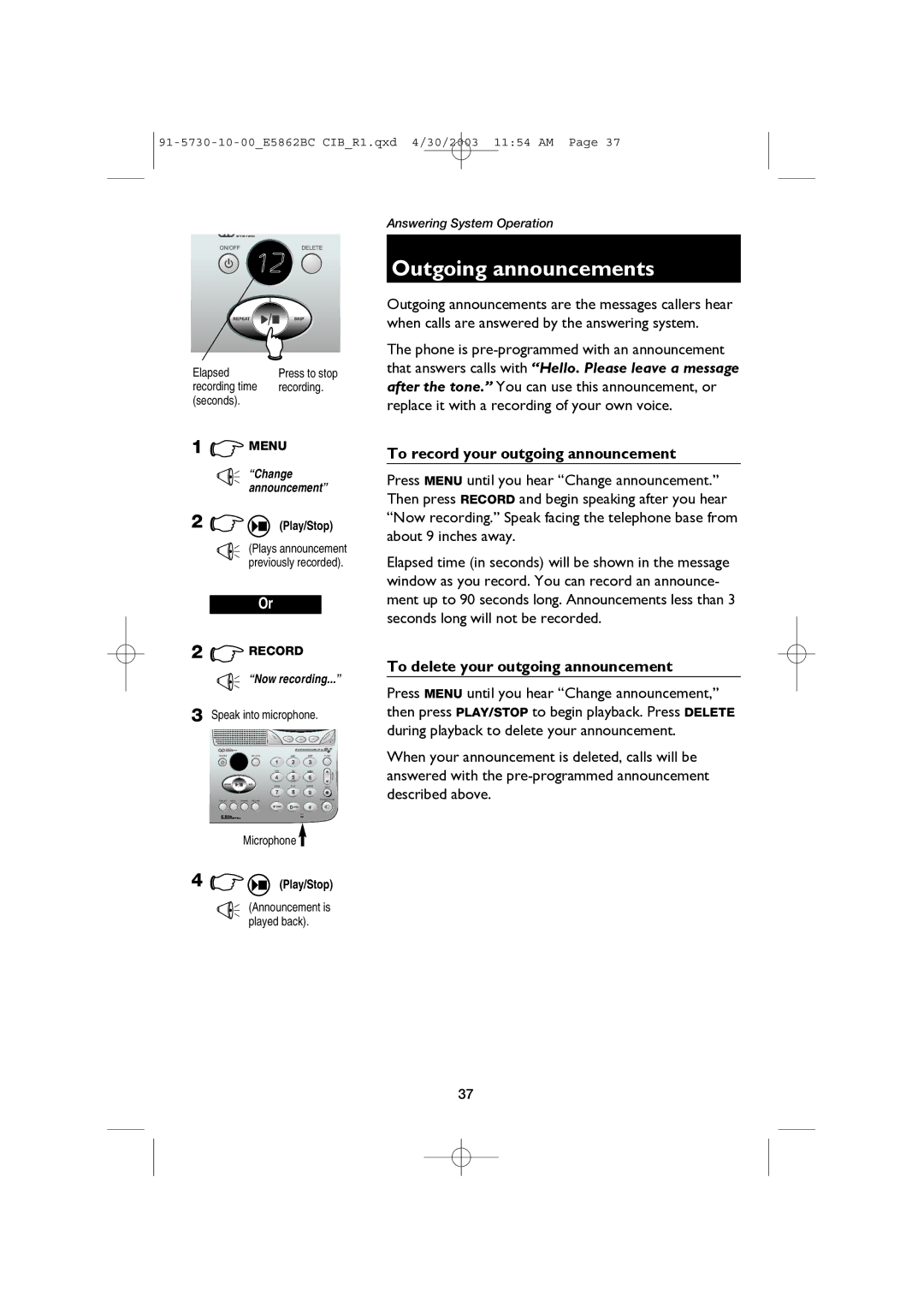 AT&T E5862BC user manual Outgoing announcements, To record your outgoing announcement, To delete your outgoing announcement 