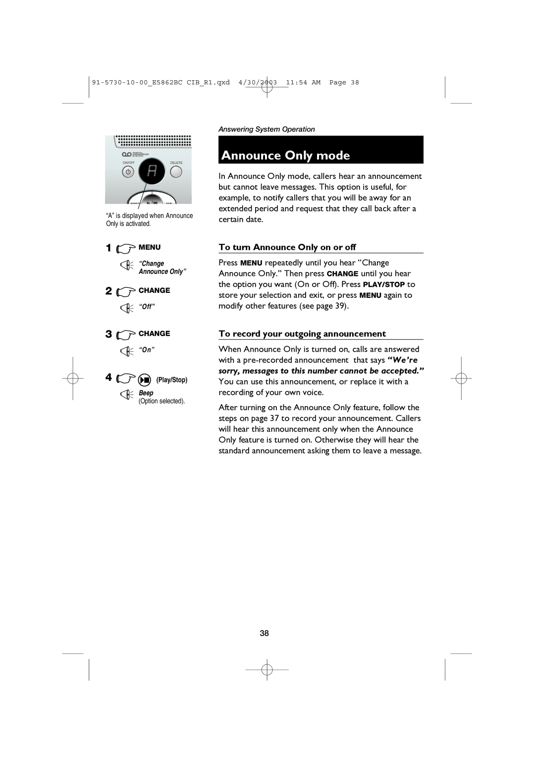 AT&T E5862BC user manual Announce Only mode, To turn Announce Only on or off, Option selected 