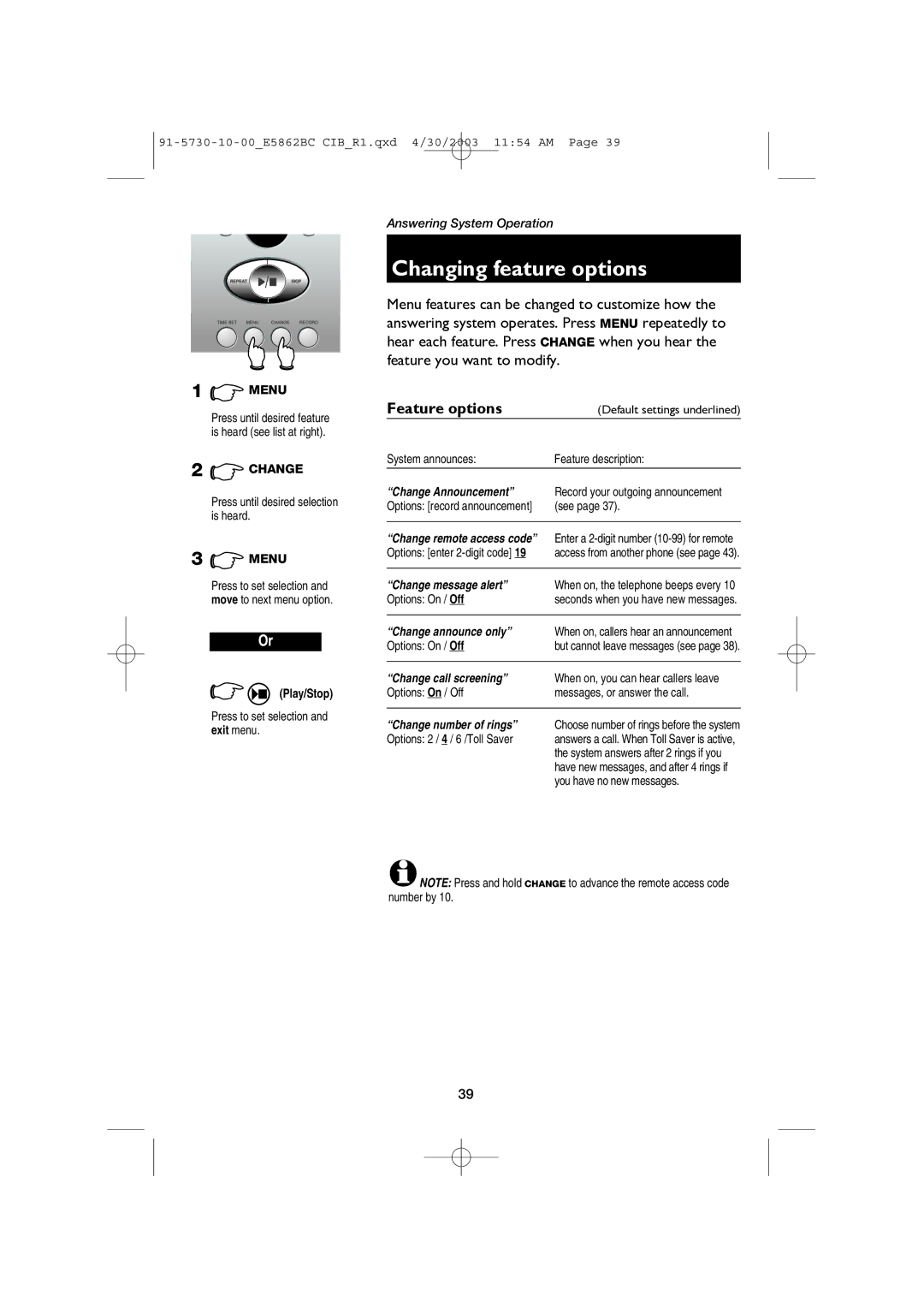 AT&T E5862BC user manual Changing feature options, Feature options 