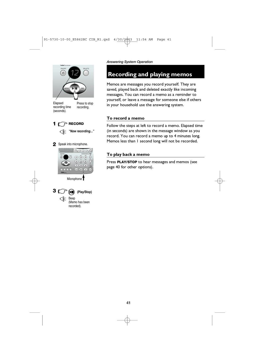 AT&T E5862BC user manual Recording and playing memos, To record a memo, To play back a memo, Beep 